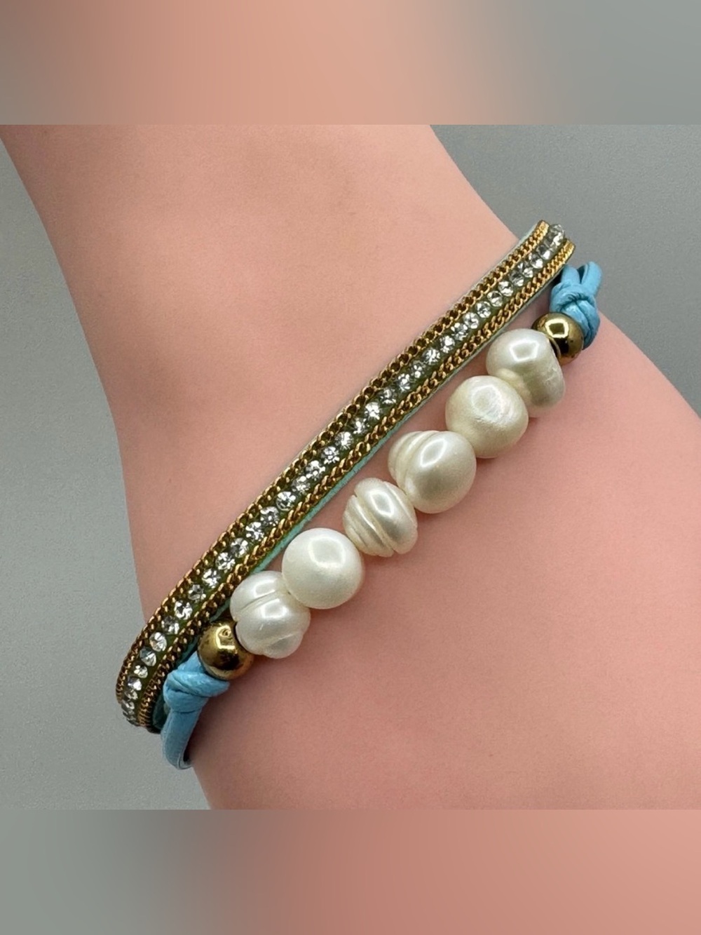 Freshwater Pearl & Clear Rhinestone Blue Leather Wrap Bracelet 6.5” Magnetic